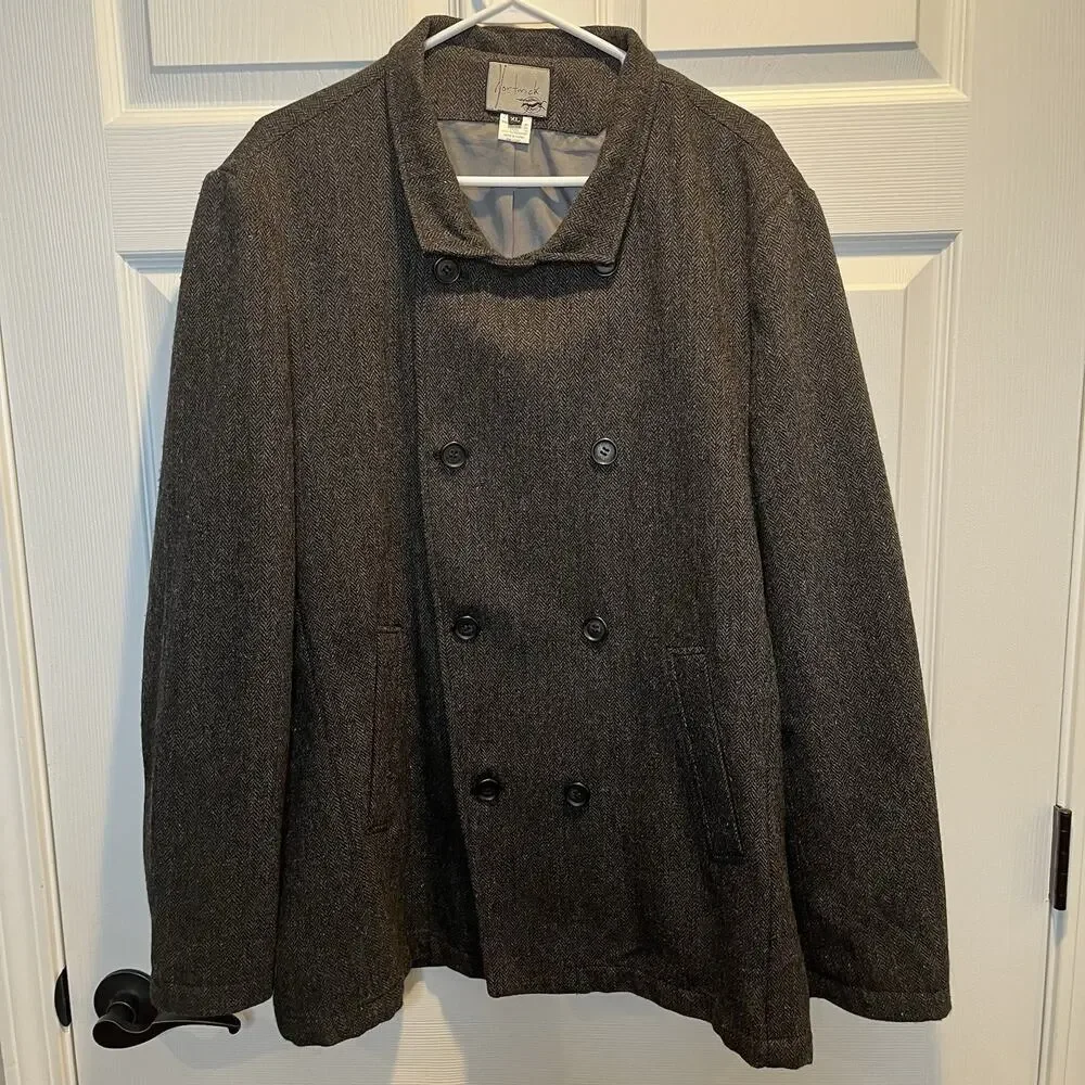 Men's Gray Double Breast Wool Blend Pea Coat Size XL Herringbone Tweed
